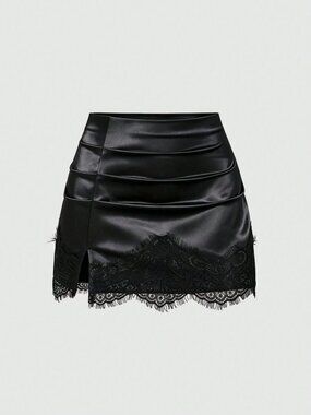 Black Elegant Women's Minimalist Tight Lace Patchwork Short Skirt